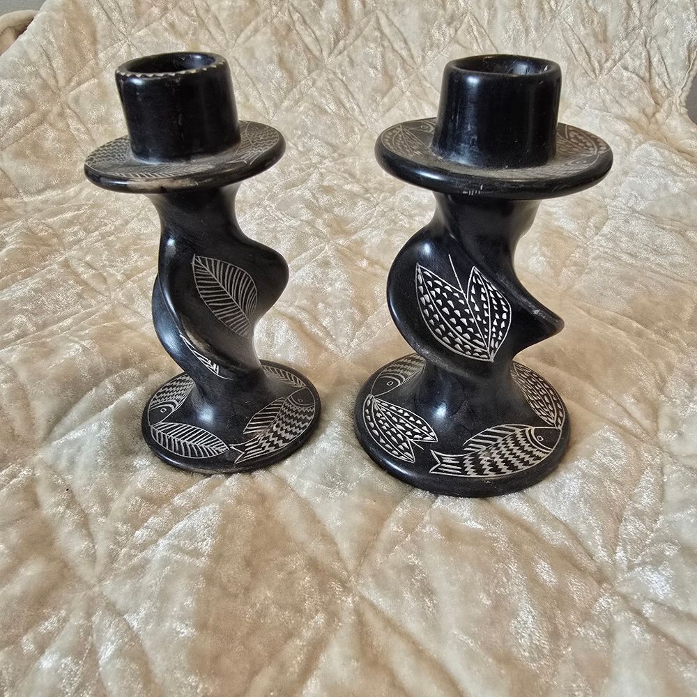 Soapstone Twisted Grey Fish Candlestick African Hand Made Candle Holder‎